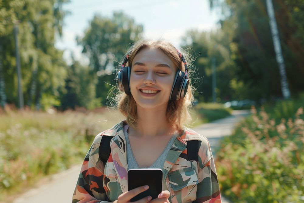 Happy young woman headphones listening photo.
