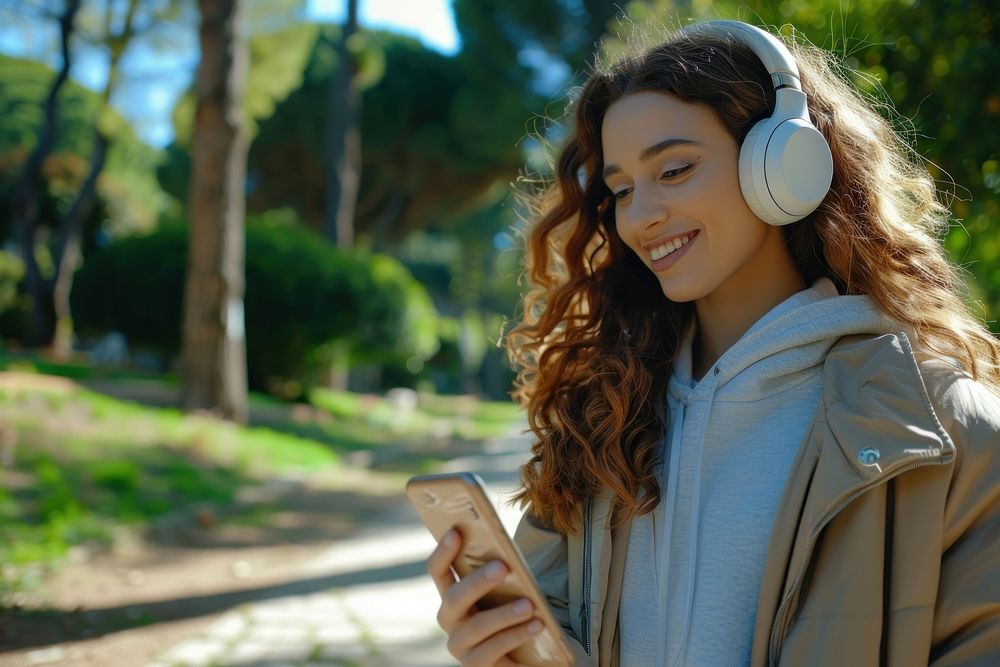 Happy young woman headphones listening holding.