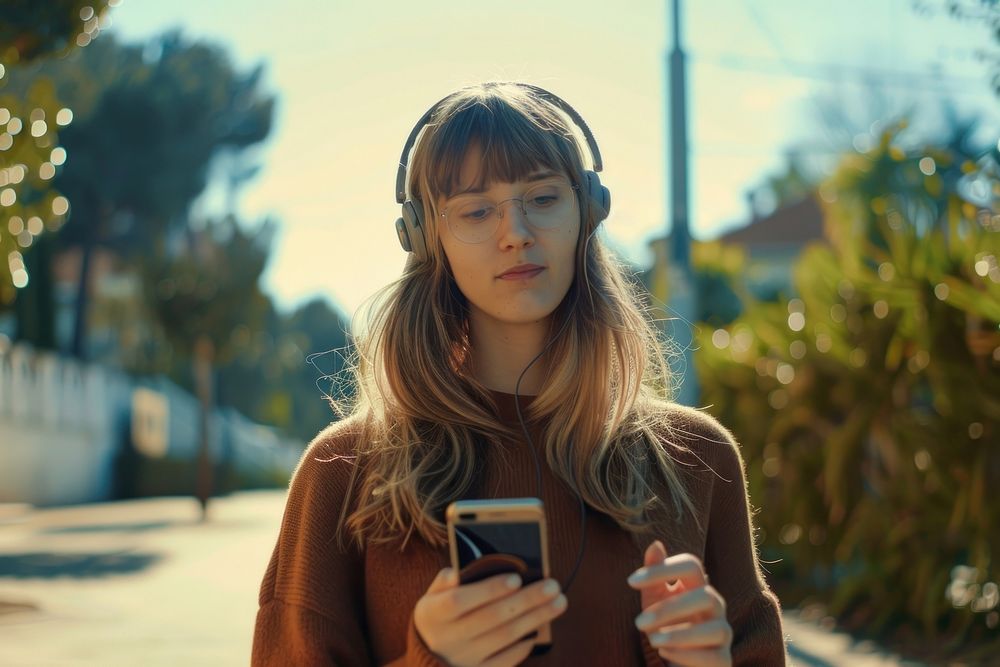 Happy young woman headphones listening portrait.