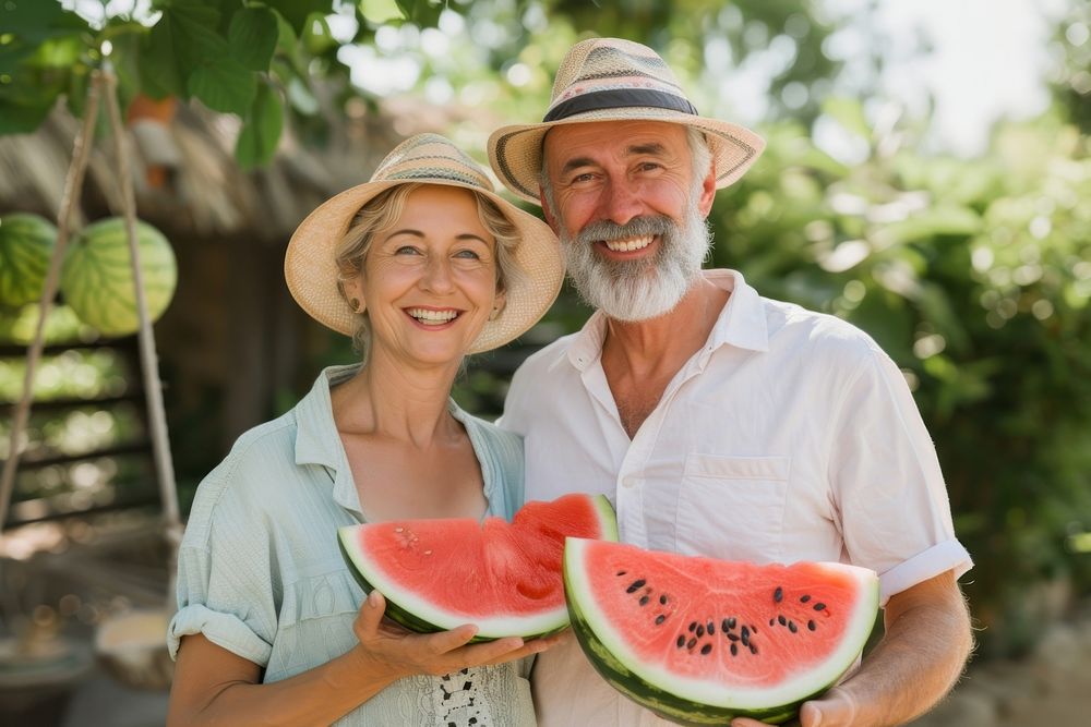 Happy middle-aged couple watermelon holding adult.
