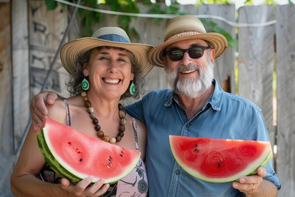 Happy middle-aged couple melon watermelon portrait.