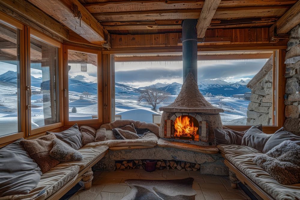 Fireplace furniture mountain window.