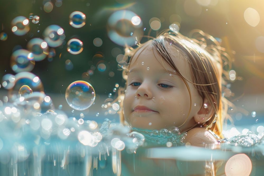 Little girl creates bubbles under water in the pool swimming portrait outdoors.