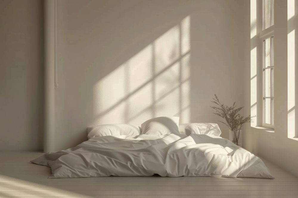 Minimal white bedroom furniture blanket pillow.