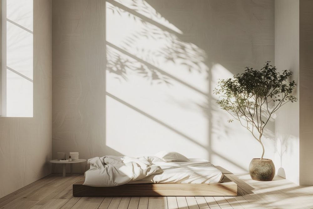 Minimal white bedroom furniture shadow pillow.