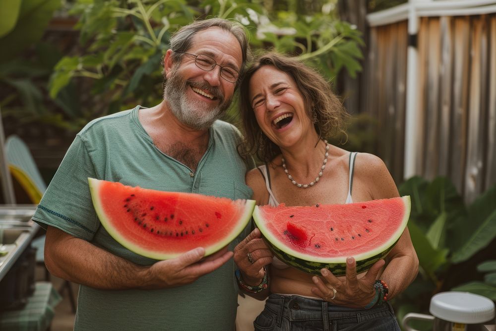 Middle-aged couple laughing melon watermelon holding.