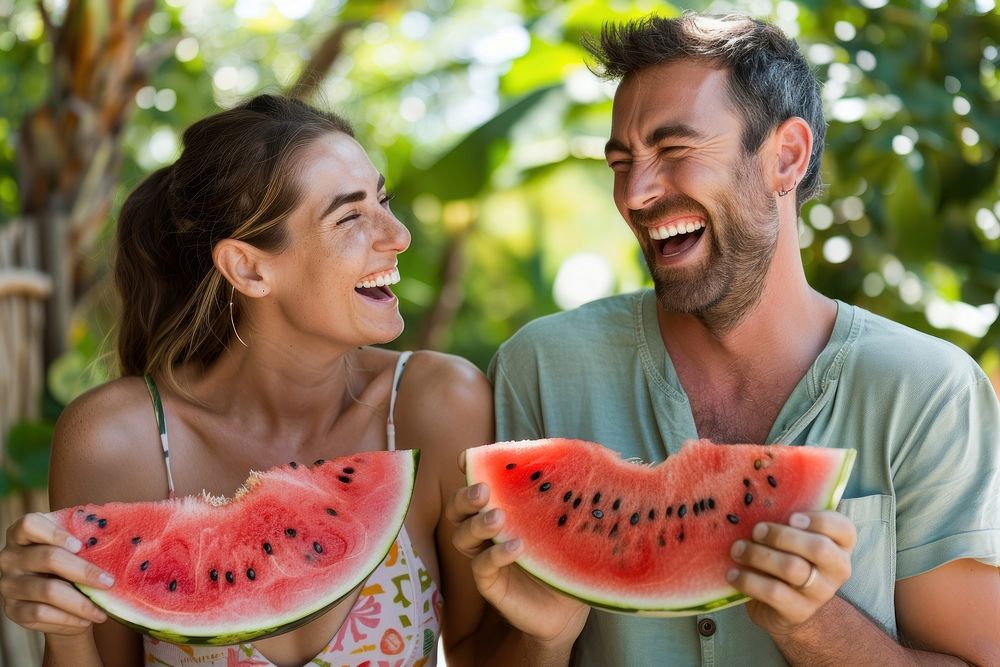 Middle age couple laughing watermelon holding slice.