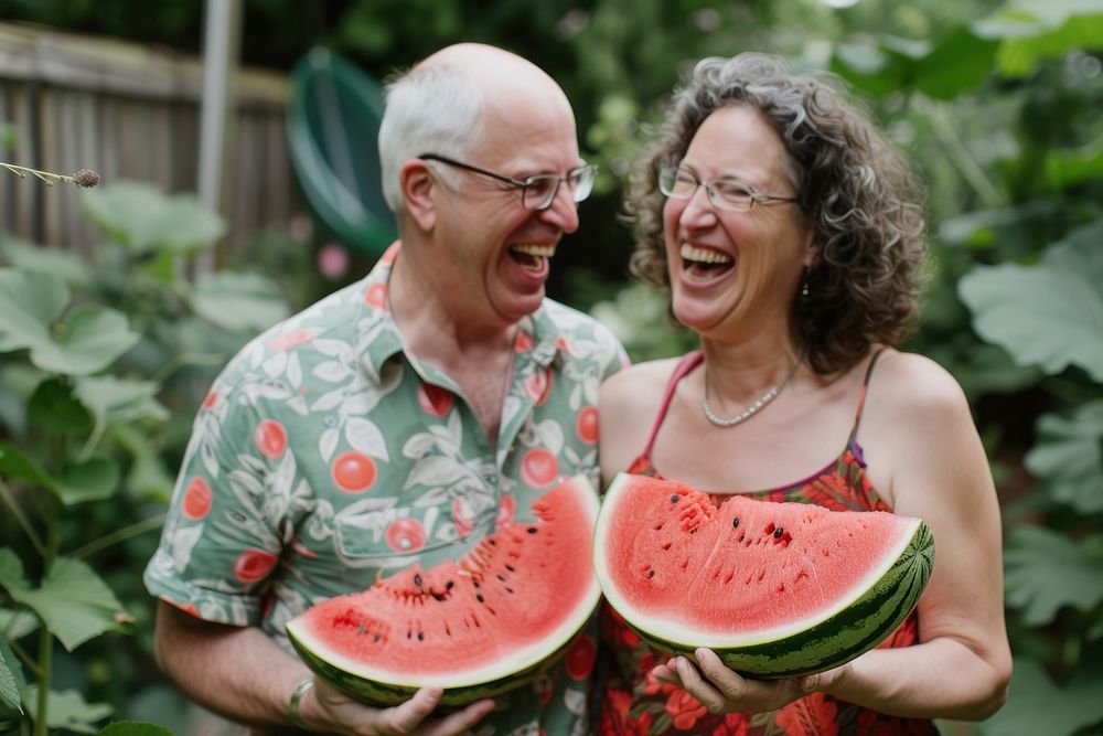 Middle age couple laughing watermelon holding glasses.