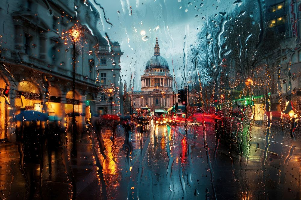 Raining london urban architecture building vehicle.