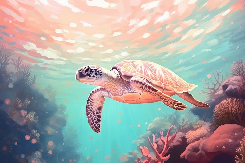 Sea turtle with coral outdoors reptile nature.