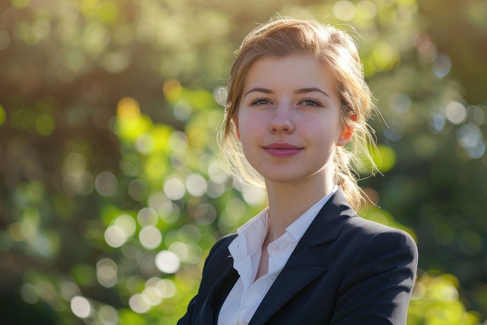 Successful young businesswoman in suit portrait smile photo.