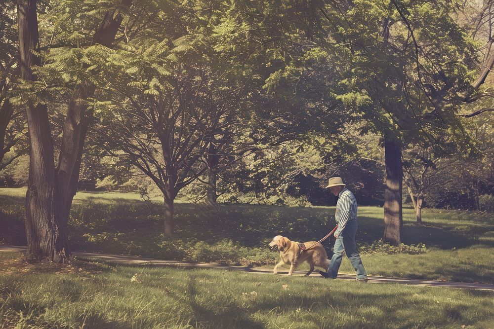 Man walking with golden retriever park outdoors woodland.