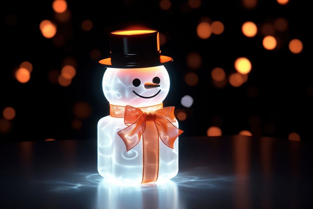 Snowman neon with gift winter anthropomorphic representation.