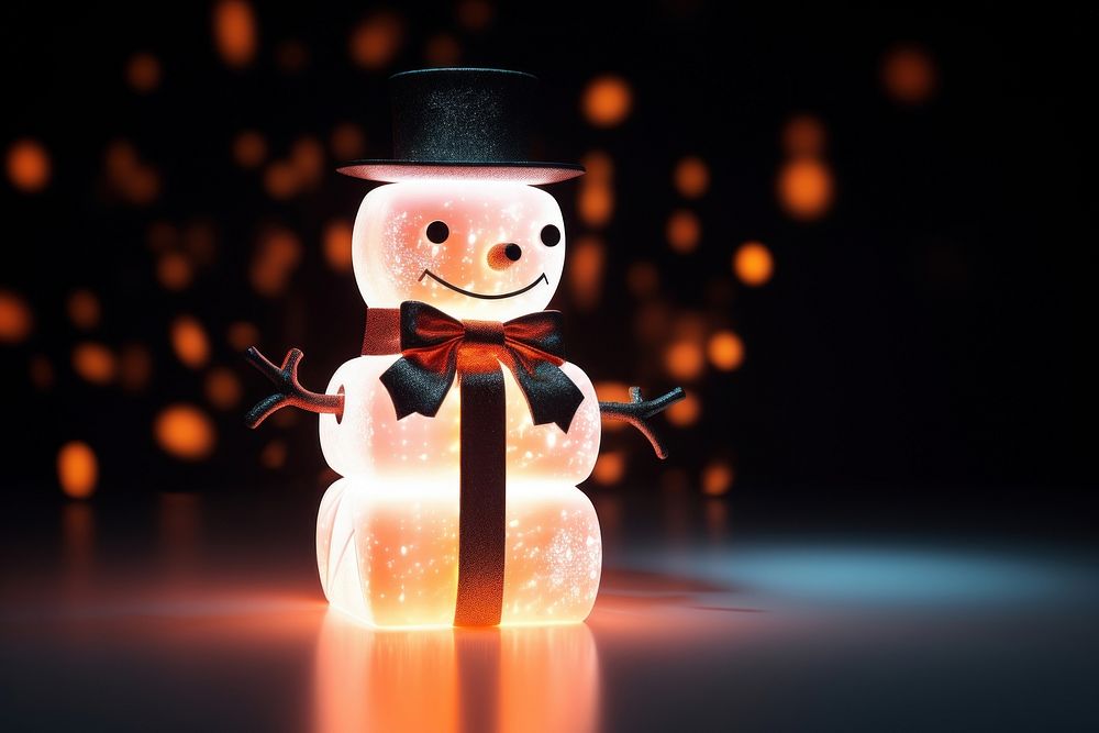 Snowman neon with gift winter anthropomorphic jack-o'-lantern.