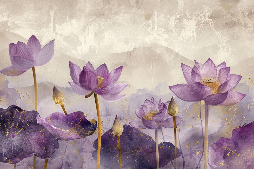 Purple lotus forest watercolor background painting blossom flower.