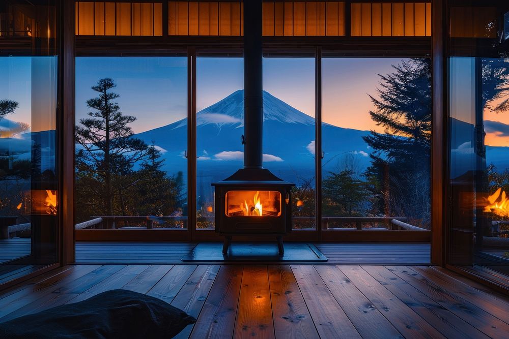 Fireplace mountain nature window.