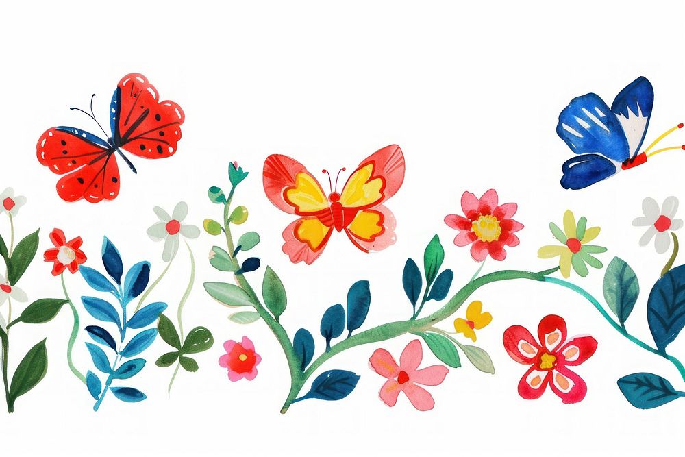 Butterfly and flowers pattern plant white background.