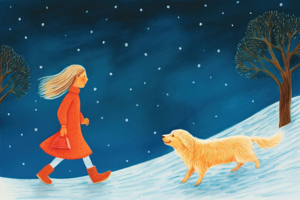 A girl walk with dog outdoors mammal snow.