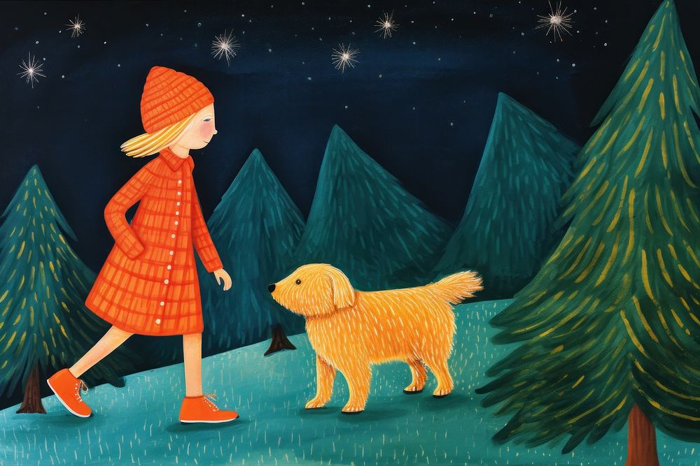 A girl walk with dog christmas mammal pet.