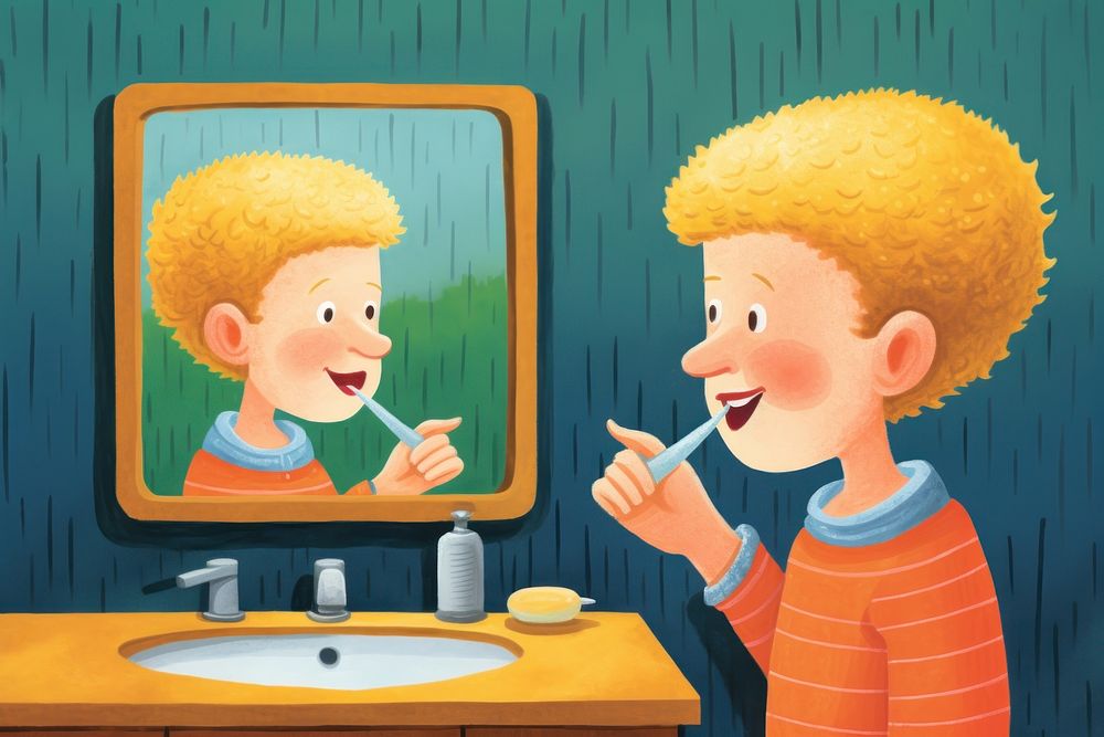 A boy brushing teeth toothbrush mirror sink.