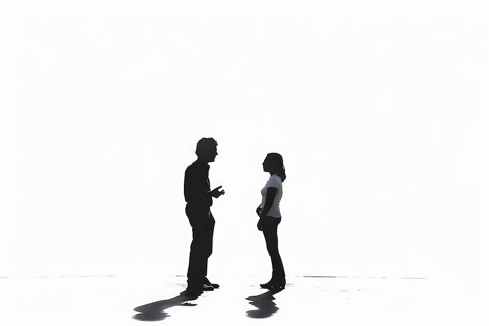 A man talking with a woman silhouette white white background.
