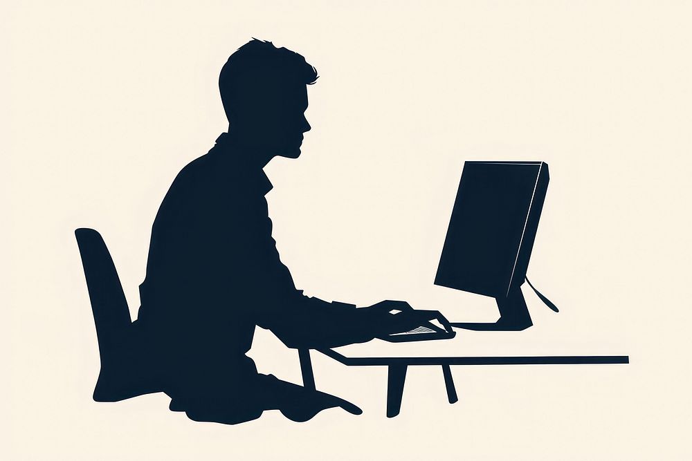 A man working on computer silhouette furniture sitting.