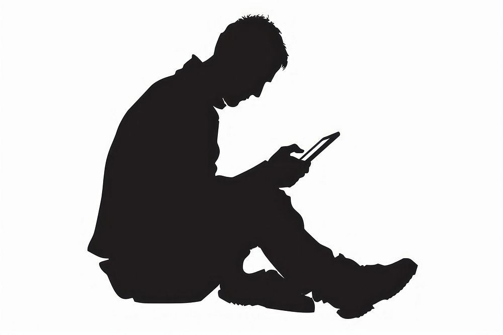 A man working on ipad silhouette adult white background.