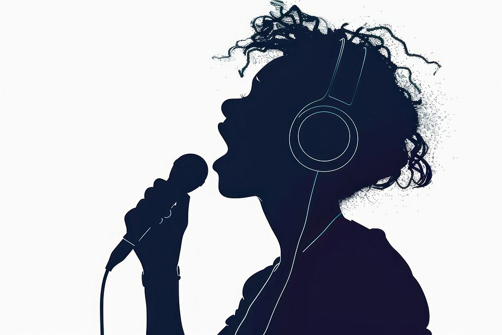 A man singing with a headphone on microphone headphones silhouette.