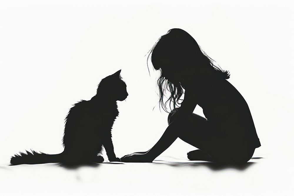 A girl and a cat silhouette animal mammal.