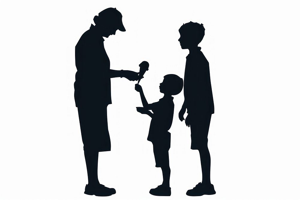 A grandparent buying an ice cream for a boy silhouette adult white background togetherness.
