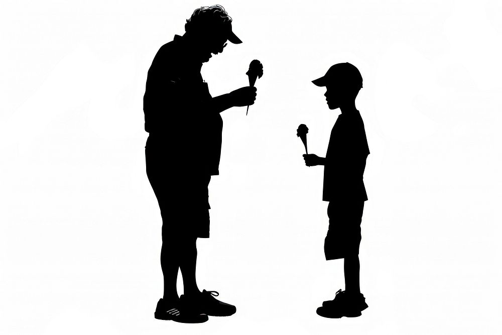 A granparent buying an ice cream for a boy silhouette adult child.
