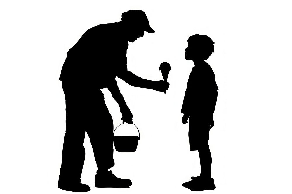 A granparent buying an ice cream for a boy silhouette adult white background.