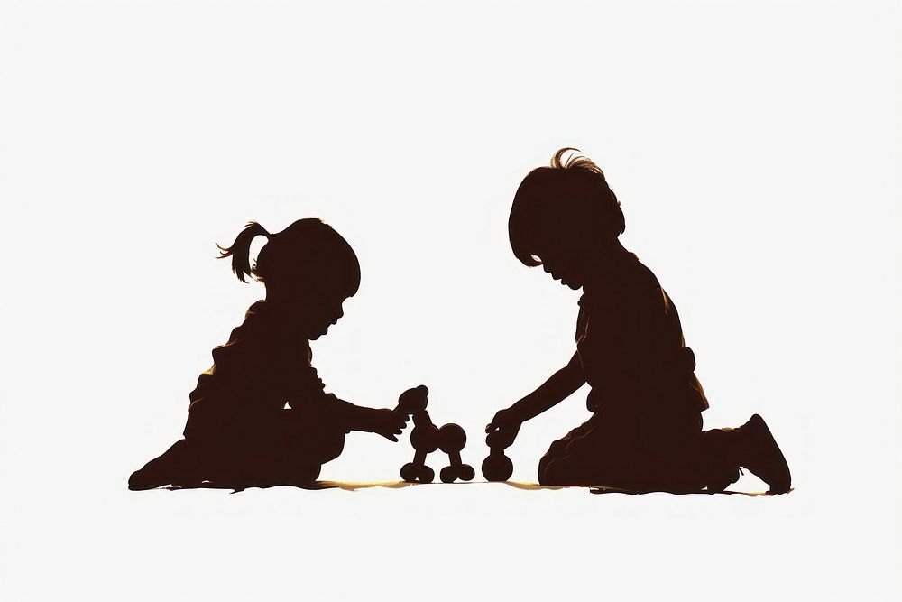 A kid playing toy with friend silhouette adult white background.