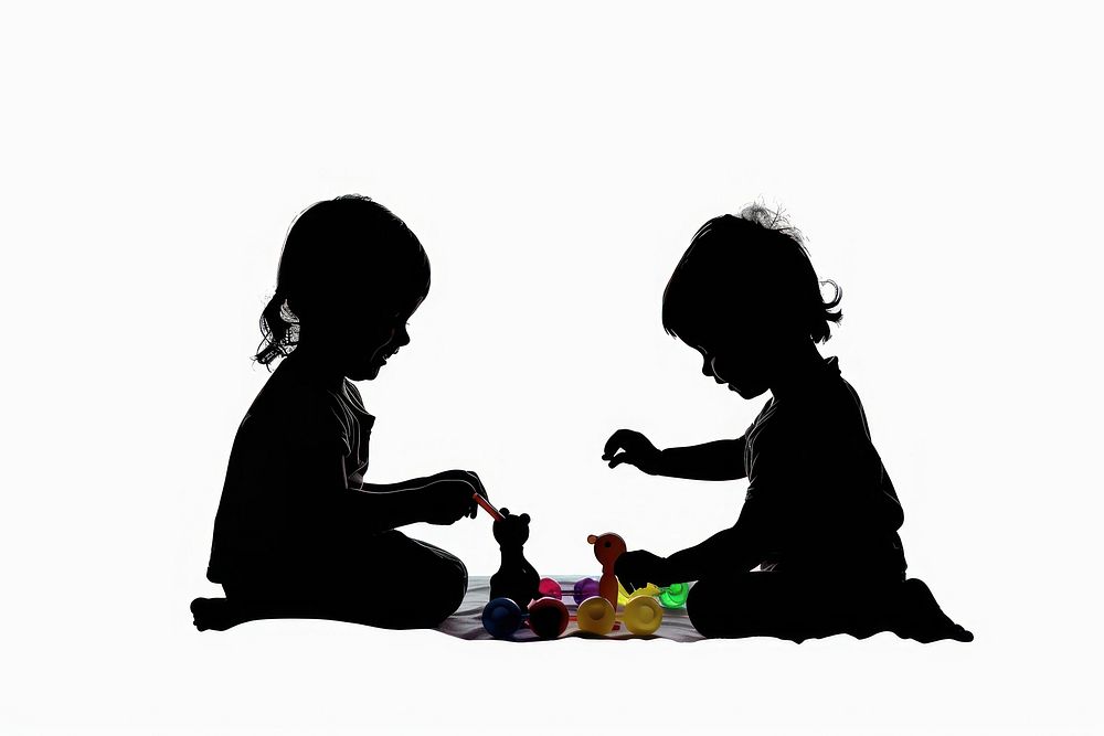 A kid playing toy with friend silhouette white background togetherness.