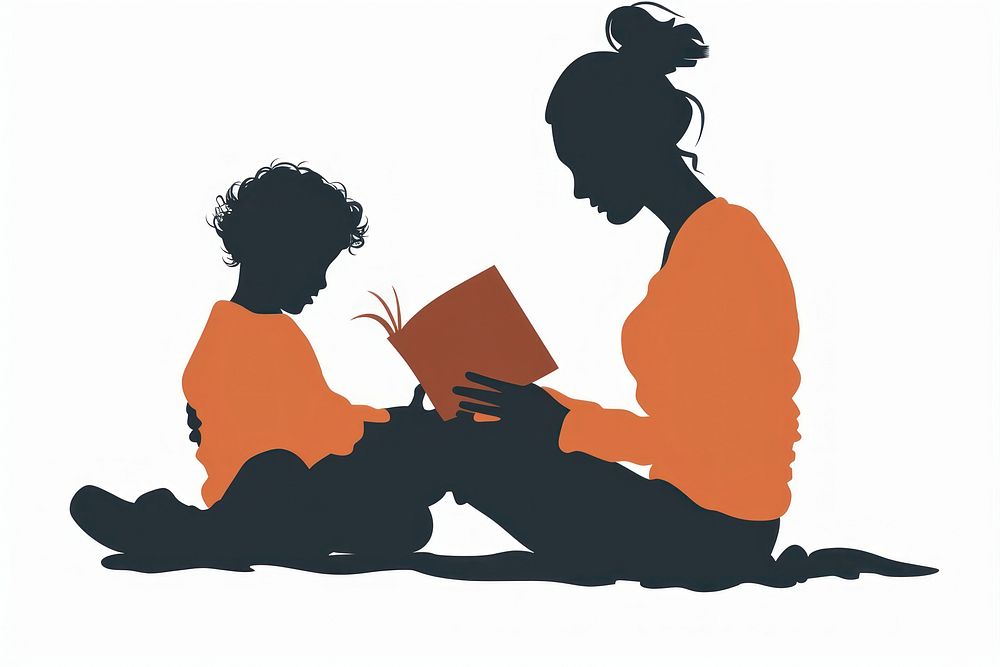 A kid reading a book with mother silhouette adult white background.