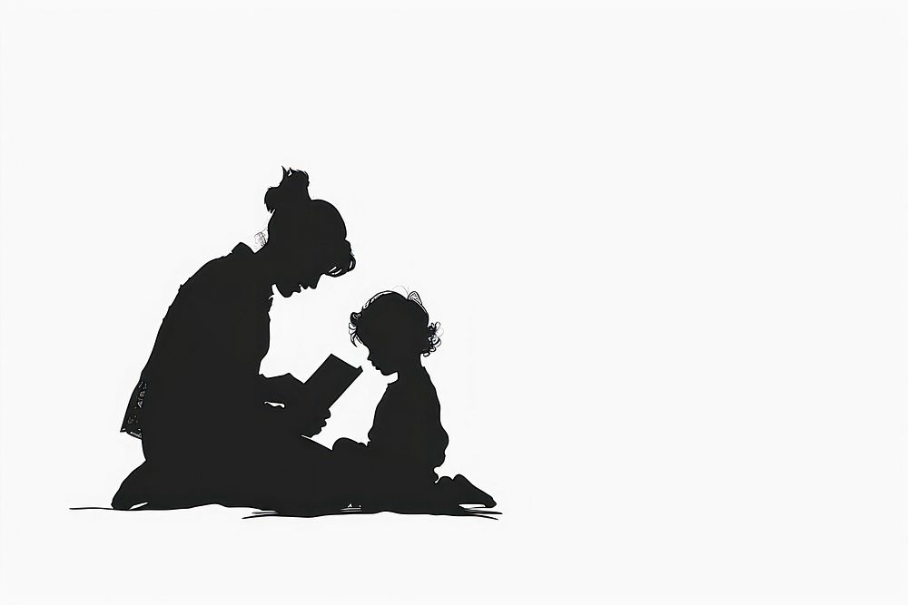 A kid reading a book with mother silhouette white background togetherness.