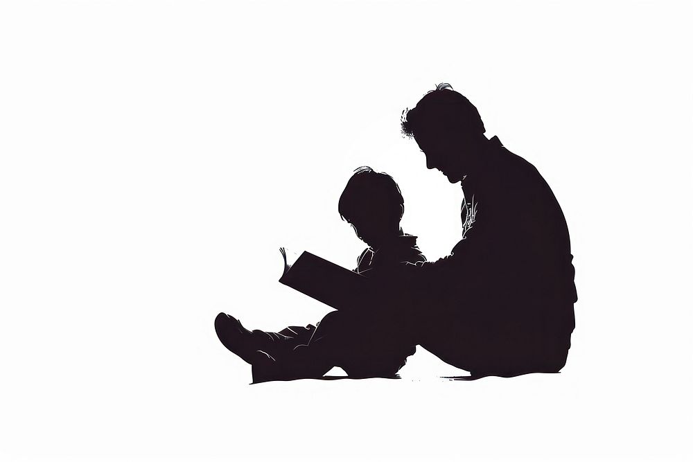 A kid reading a book with father silhouette adult white.