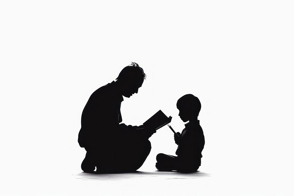 A kid reading a book with father silhouette adult white background.