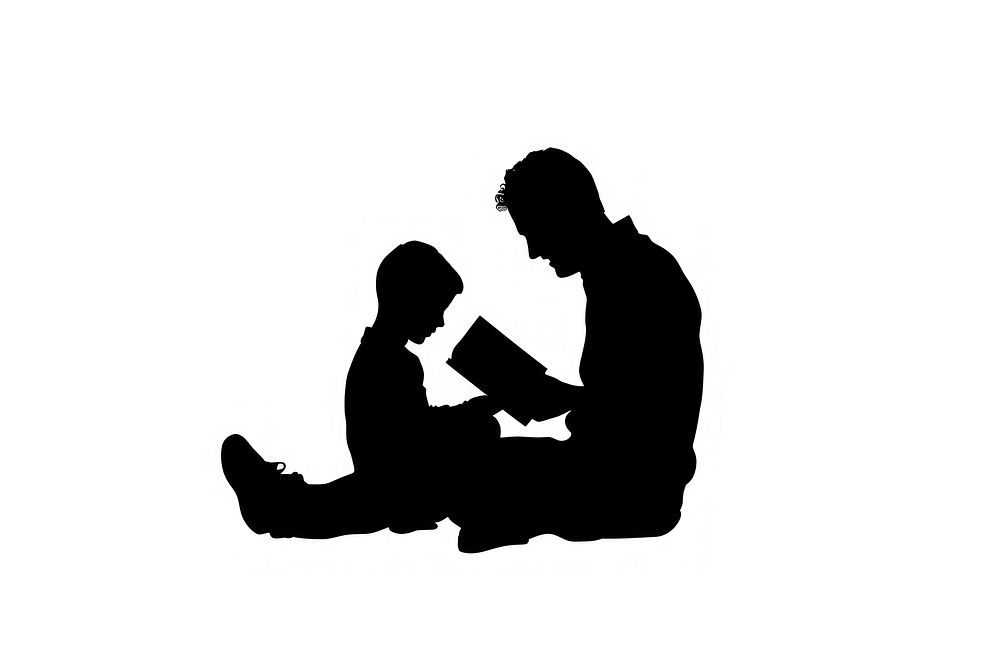 A kid reading a book with father silhouette adult white background.