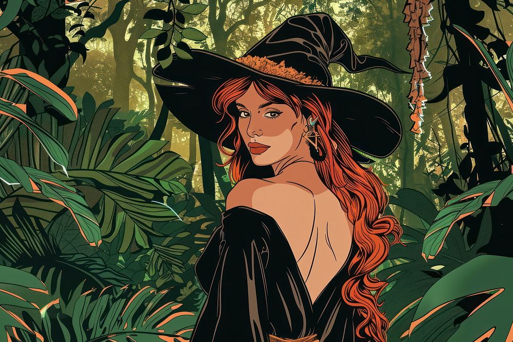 Vector illustrated of a witch nature outdoors cartoon.