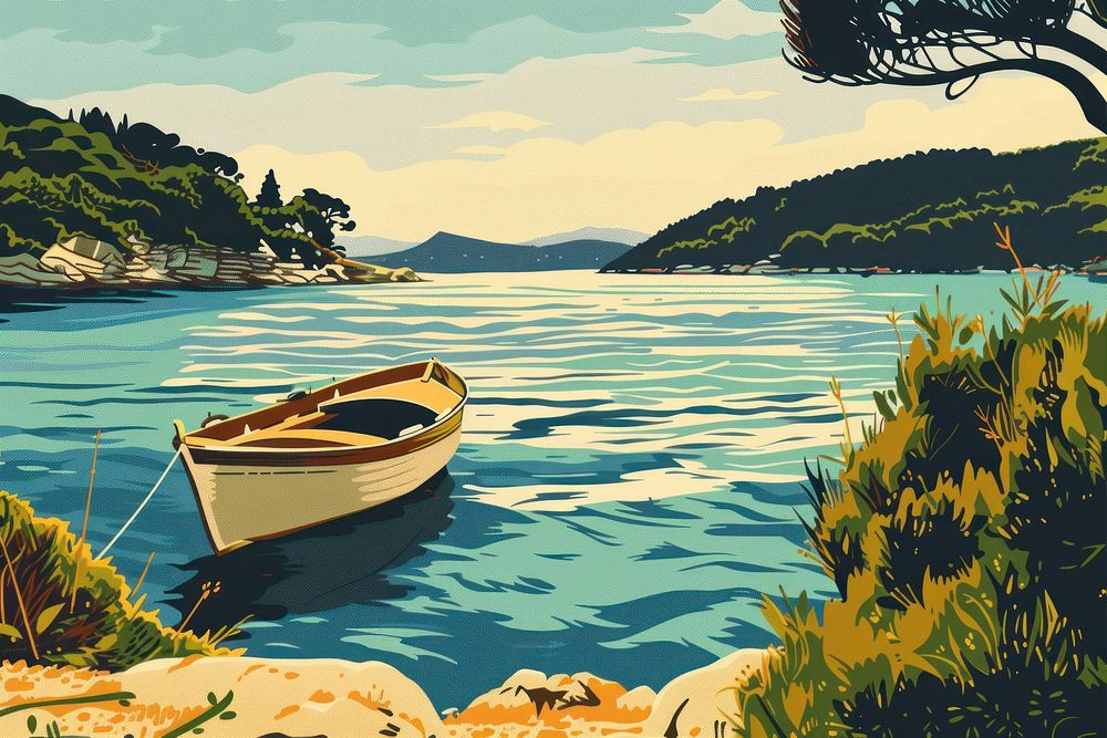 Vector illustrated of a mediterranean watercraft landscape outdoors.
