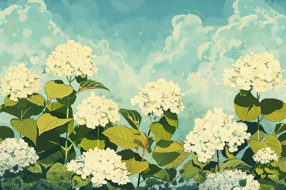 Vector illustrated of a hydrangea feild outdoors blossom pattern.