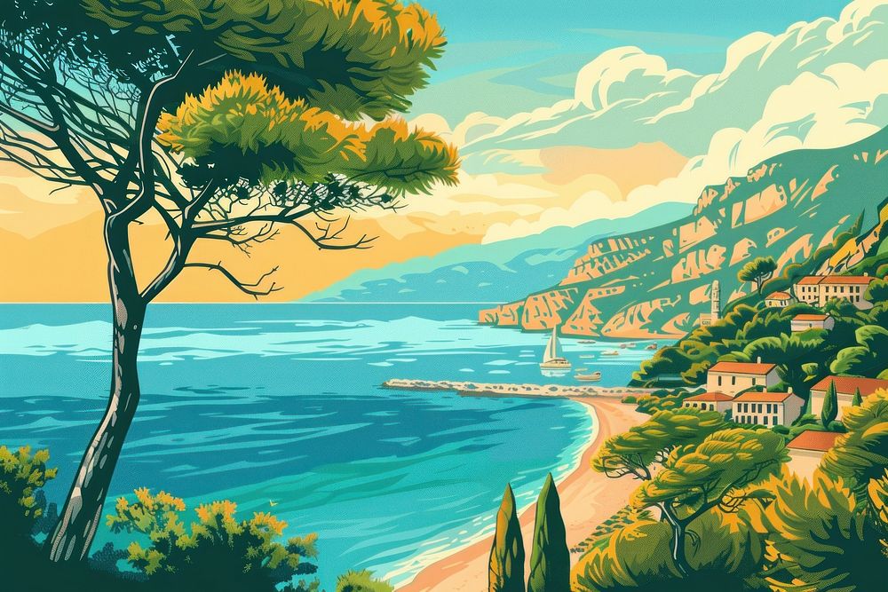 Vector illustrated of a mediterranean landscape outdoors painting.