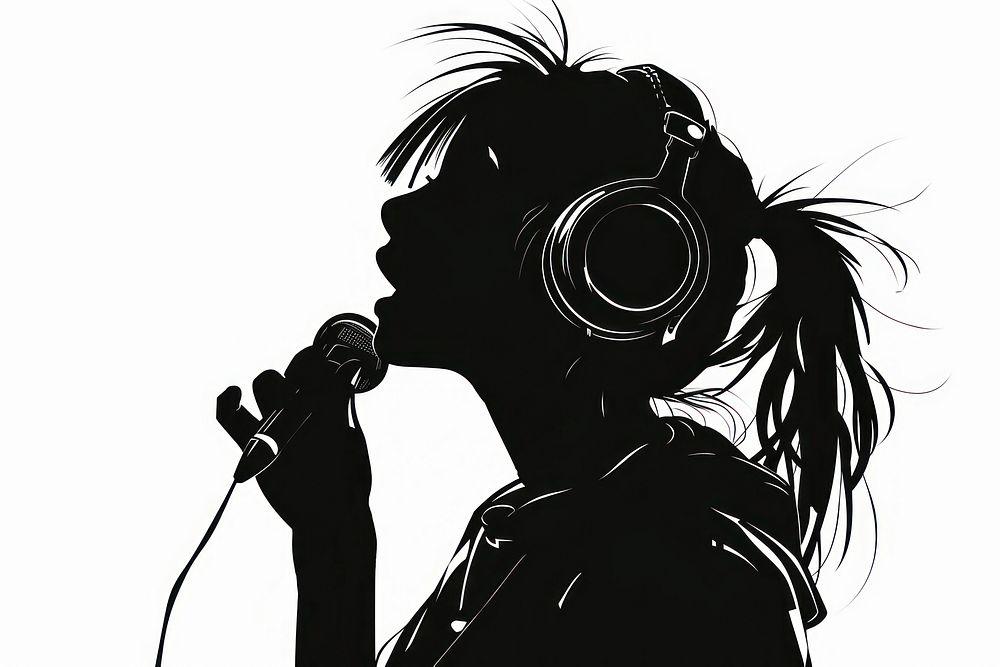 A woman singing with a headphone on silhouette headphones adult.