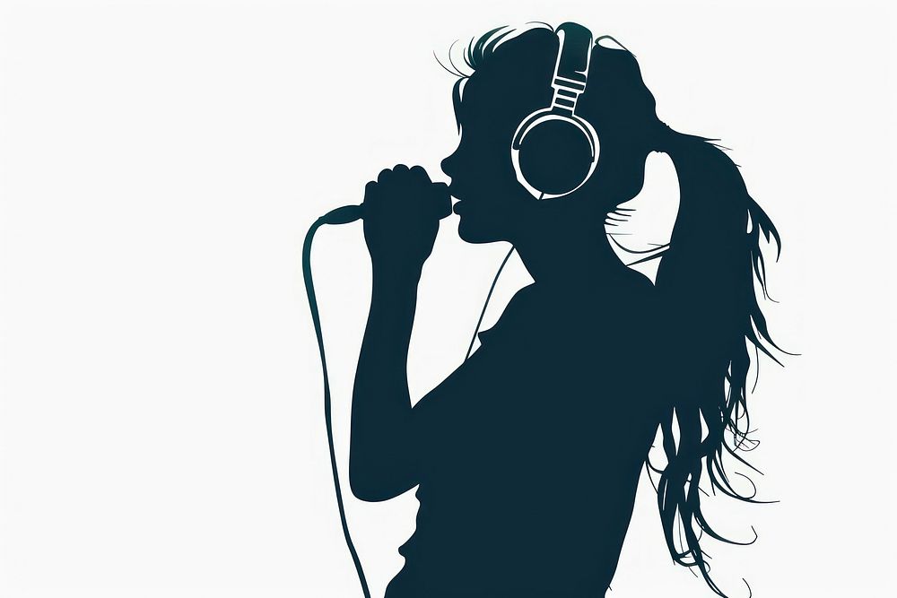 A woman singing with a headphone on silhouette headphones microphone.