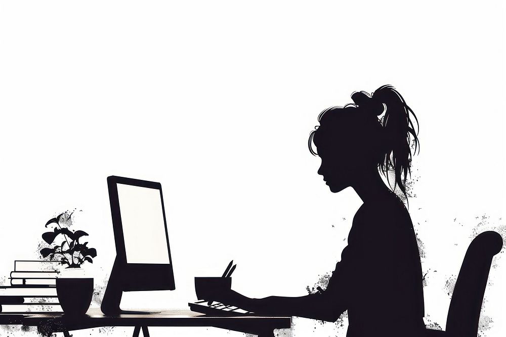 A woman working on computer silhouette furniture laptop.