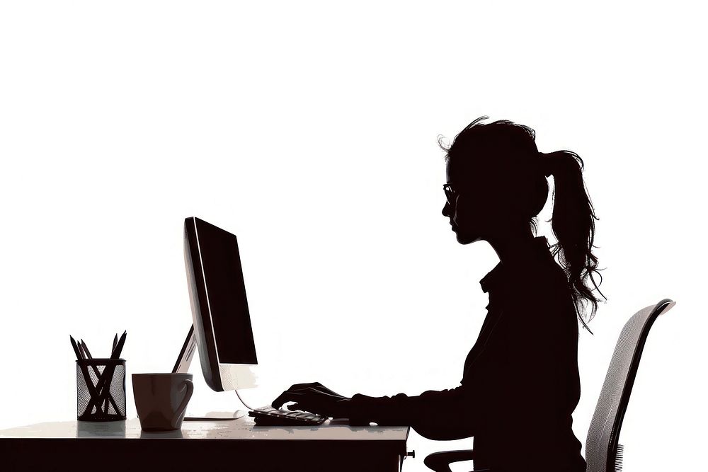 A woman working on computer silhouette furniture sitting.