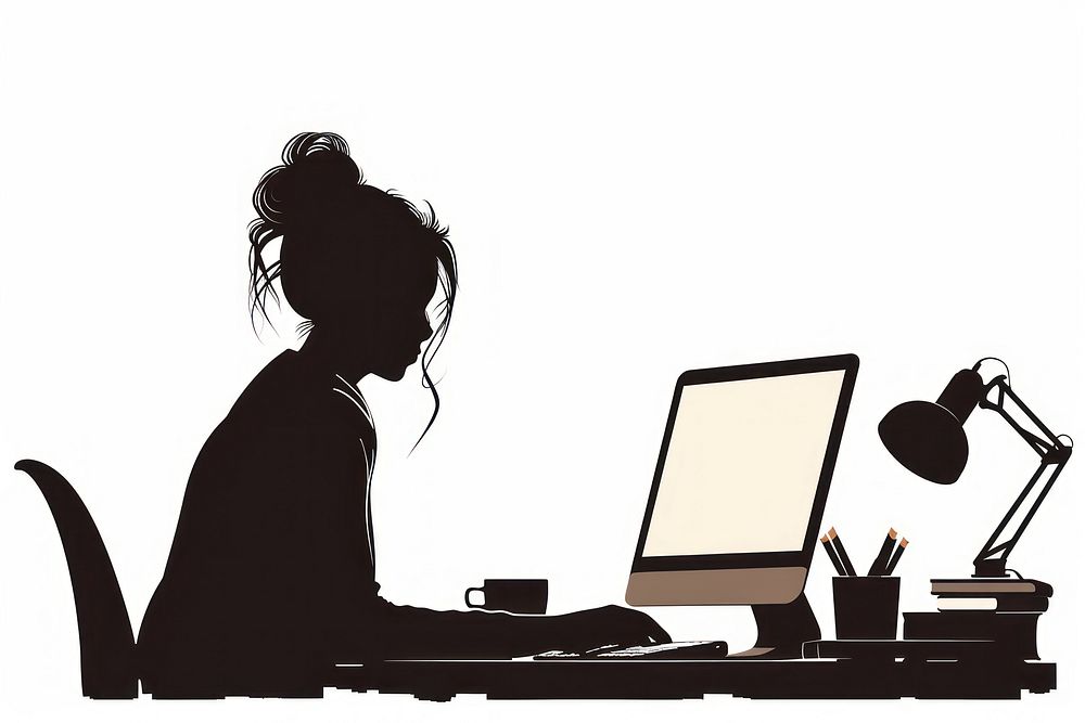 A woman working on computer silhouette furniture adult.