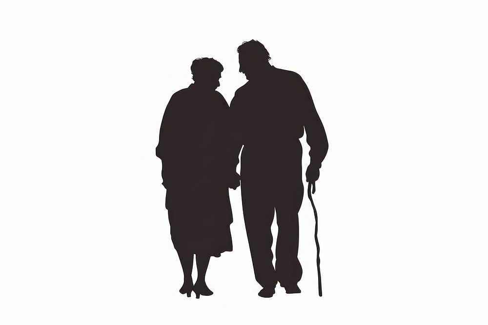 An old man holding and old woman silhouette adult white background.
