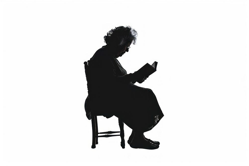 An old woman reading a book silhouette furniture sitting.